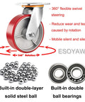 Heavy Duty Swivel Casters Set Of Four With 8 Inch Polyurethane Wheels And Secure Locking Brakes, featuring 360-degree swivel and steel ball bearings.