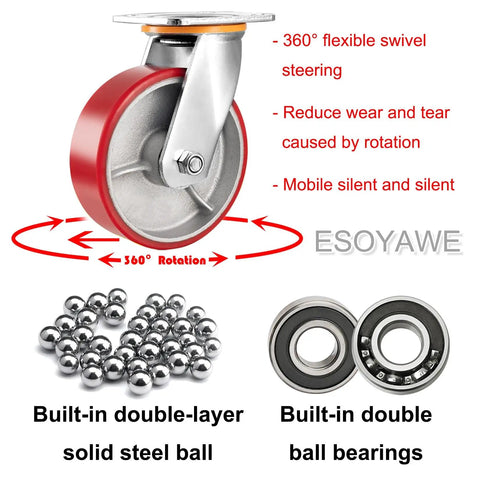 Heavy Duty Swivel Casters Set Of Four With 8 Inch Polyurethane Wheels And Secure Locking Brakes, featuring 360-degree swivel and steel ball bearings.