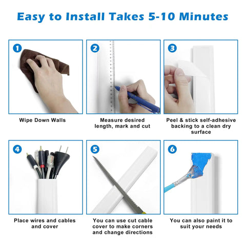 Installation guide for TV Cord Hider 39 Inch Wall Cable Concealer Kit, showing steps for wall mounting and organizing cables.