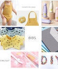 Collage of baby garments and accessories including children's bellyband, bibs, crawling suit, and DIY craft materials.