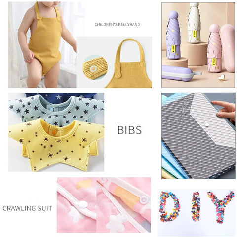 Collage of baby garments and accessories including children's bellyband, bibs, crawling suit, and DIY craft materials.