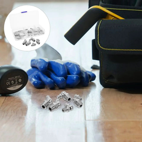 Premium Stainless Steel Grease Fittings Assortment Kit With 30 Pieces Zerk Nipples In Straight And Angled Designs For Your Ride Or Heavy Machinery In The Shop, assorted fittings on floor