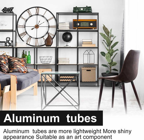 Aluminum tubes used in modern living room setup with black metal shelves, large clock, and geometric table design