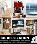 Collage of wireless remote outlet switch use; fan, coffee machine, router, lamp, TV, and disposal. Includes product illustration.