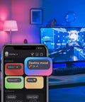 A19 Smart LED Light Bulb With 1100 Lumens, Billions Of Colors And Tunable White From 1500K To 9000K, No Hub Needed, Dimmable, Voice And App Control, Works With Alexa, Google Home And Siri lighting a room with app control interface on phone