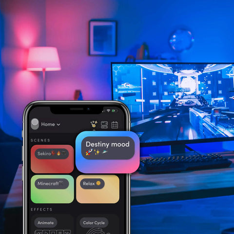A19 Smart LED Light Bulb With 1100 Lumens, Billions Of Colors And Tunable White From 1500K To 9000K, No Hub Needed, Dimmable, Voice And App Control, Works With Alexa, Google Home And Siri lighting a room with app control interface on phone