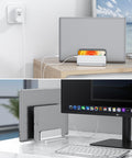 Dual Dock Vertical Laptop Stand With Aluminum Desktop Frame, Adjustable Width, holds two laptops, desktop setup
