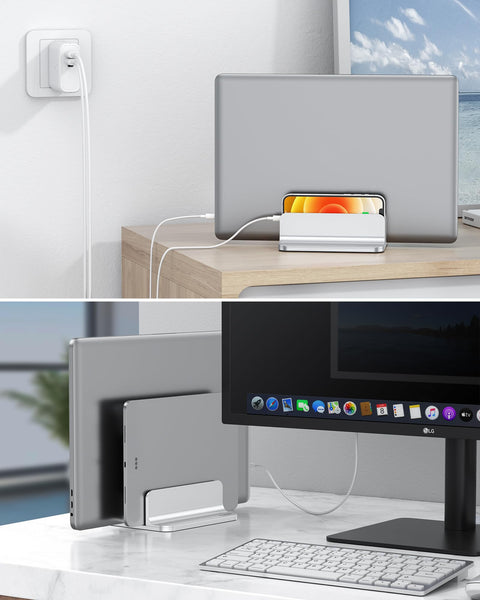 Dual Dock Vertical Laptop Stand With Aluminum Desktop Frame, Adjustable Width, holds two laptops, desktop setup