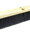 18 Inch Commercial Floor Broom With Black Polypropylene Bristles And Polystyrene Trim On A Lacquered Wood Handle, side view.
