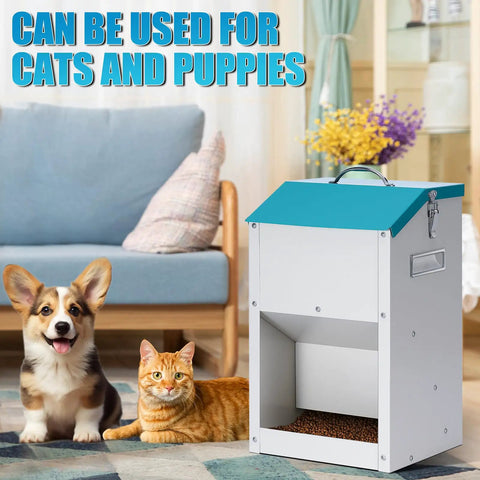 Heavy Duty Gravity Automatic Cat And Dog Feeder Outdoor No Sweat Design Large Capacity with cat and dog in living room.
