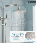 Outdoor Shower Faucet Set In Brushed Nickel with 304 Stainless Steel shower head and 2-in-1 handheld spray in use, wall mounted.