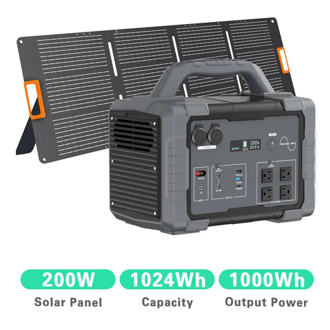 1000W Portable Power Station With Solar Panel 1024Wh Capacity showing ports and power indicators