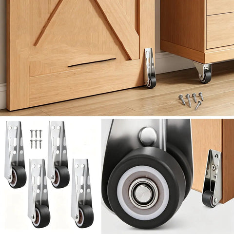Heavy Duty Vertical Track Roller Wheels For Sliding Barn Doors And Wood Gates Featuring Silent Rubber Casters close-up with screws.