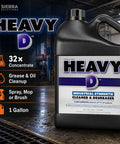 Heavy Lifter Industrial Degreaser Concentrate in 1 gallon container for engines and floors, with 32x dilution instructions.