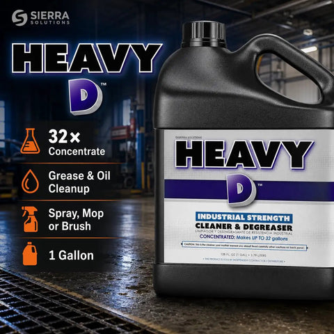 Heavy Lifter Industrial Degreaser Concentrate in 1 gallon container for engines and floors, with 32x dilution instructions.