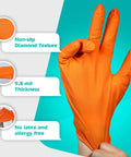 Front view of General Medi nitrile industrial orange gloves with raised diamond texture, size XL, 100-count, Amazon.