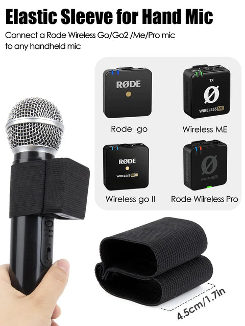 Elastic Handheld Microphone Sleeve For Rode Wireless GO II ME PRO System attached to handheld mic, 2 pack shown