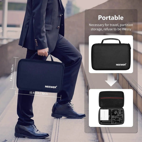 Businessman carrying Neewer portable case for 50 In 1 Action Camera Accessory Kit Compatible With GoPro Hero 12 11 10 9 DJI Osmo.