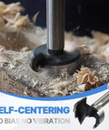 Close-up of a Premium High Carbon Steel Forstner Drill Bit Set For Woodworking drilling a 40mm hole in wood.