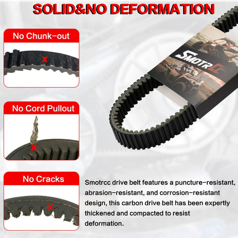 Solid heavy duty CVT drive belt with no chunks, cord pullout, or cracks for RZR and Ranger, 2011-2023 models.