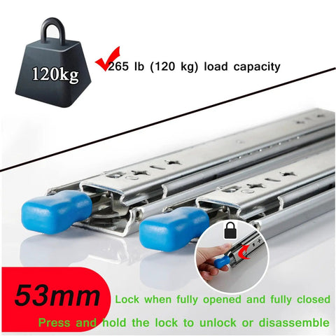 Close-up of 2 pack heavy duty drawer slides 56 inch full extension ball bearing rails, blue tips, 120kg load capacity