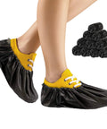 Black Disposable Indoor Shoe Covers 16 By 6 Inches Pack Of 100 With Secure Elastic and Seamless Bottom on shoes and stack