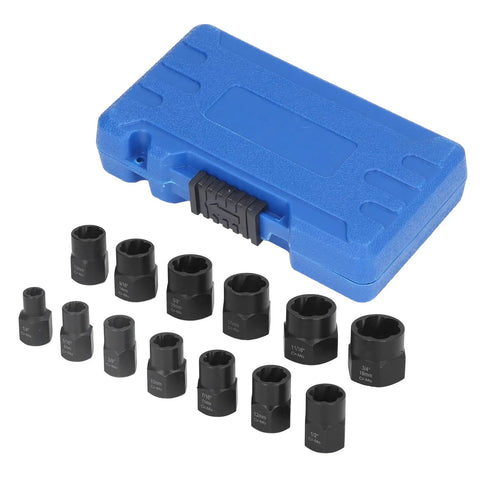 Xixian Impact Nut Bolt Remover Set 13 Pc Stripped Screw Extractor Socket Kit Built Tough For Rusted Fasteners High Grade Chrome Moly Steel Heavy Duty Extraction Tool For Your Garage Work Needs, blue case with 13 sockets