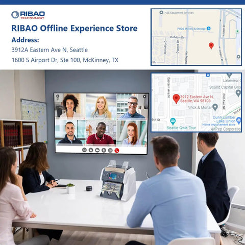 Office conference with a screen showing virtual meeting, maps, and a Money Counter Machine For Business With Mixed Denomination.