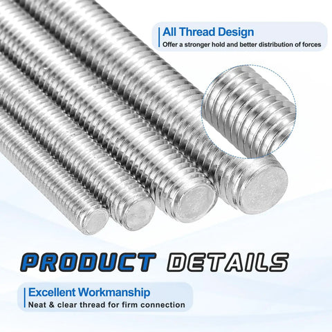 Close-up of Four Pack M12x55mm Fully Threaded Rod 316 Stainless Steel Right Hand All Thread Screw Studs For Furniture Assembly Fastening