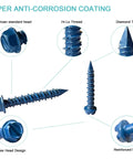 3/16 x 1-1/4 Inch Hex Head Concrete Screw Anchor with anti-corrosion coating, features labeled for masonry, brick, and block use