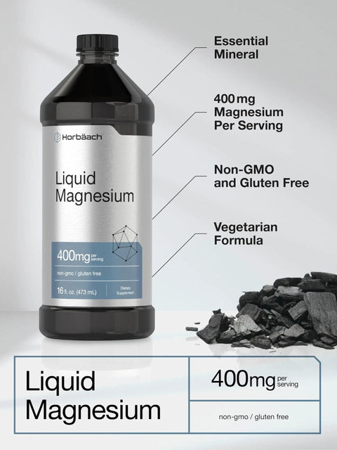 Liquid Magnesium Supplement With 400 Mg Per Serving, Trace Mineral Complex Including Sulfate, Lithium, And Boron, Vegetarian Non GMO Gluten Free Drops For Everyday Wellness And Vitality bottle in front view with label details highlighted