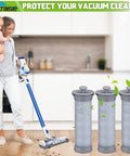Woman vacuuming kitchen floor with cordless vacuum, next to Pre Filter Replacement 3 Pack For A10 A11 Hero And A10 A11 Master Vacuum Cleaners