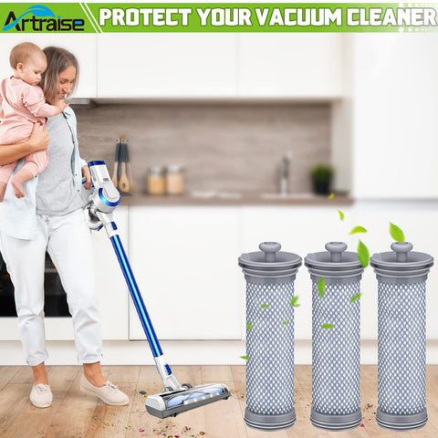 Woman vacuuming kitchen floor with cordless vacuum, next to Pre Filter Replacement 3 Pack For A10 A11 Hero And A10 A11 Master Vacuum Cleaners
