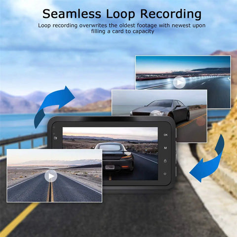 Dual Front And Rear Dash Cam For Cars With 1080P HD Recording, 170 Degree Wide Angle, showing seamless loop recording feature.