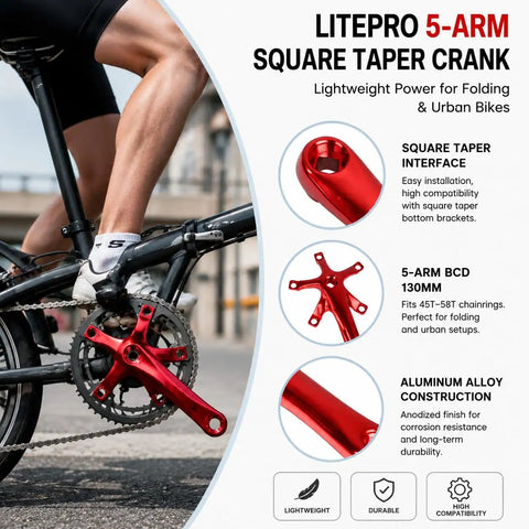 Litepro folding bike crankset ultra lightweight hollow square 170mm aluminum alloy 130BCD chainwheel BMX style red in use