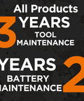 Warranty details: 3 years tool maintenance, 2 years battery maintenance for all products, text on dark background.