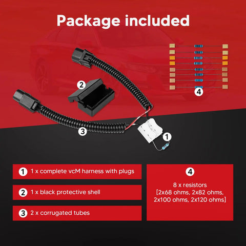 Honda VCM Muzzler Harness Disable Kit Replacement For 3.5L V6 Engines with cables, shell, and resistors package contents