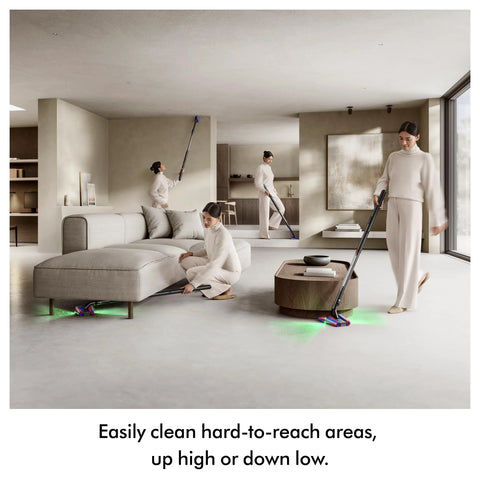 Dyson PencilVac Fluffycones cordless vacuum, front view with slim wand in a modern living room.