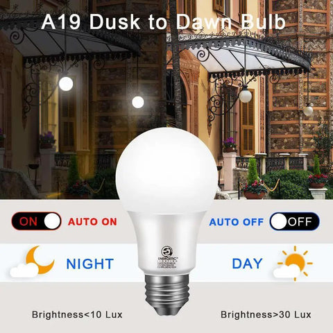 4 Pack Dusk To Dawn LED Bulbs For Outdoor Use 60W Equivalent 6W 800 Lumens 5000K Daylight E26 Base Auto On Off Sensor