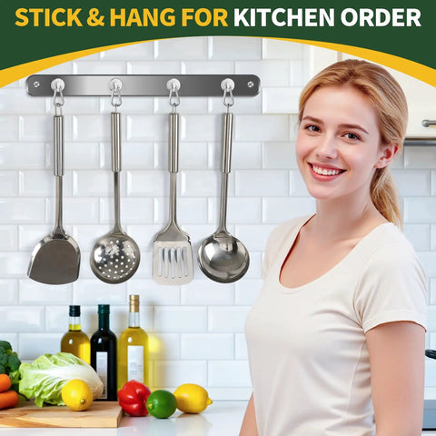 Built Tough 12 Pack Heavy Duty Magnetic Hooks With Swivel Carabiner 70 Pound Nailed Grip 360 Degree Rotating Magnet Clamps For Garage Shelves And Gear Easy Peasy Organization hanging kitchen utensils on a metal wall rack.