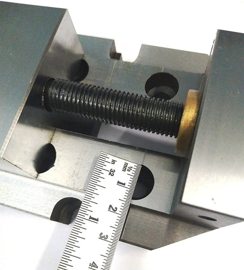 Heavy Duty Two And Three Eighths Inch Jaw Width Grinding Steel Vice With Hardened Ground Finish For Precision Milling And Toolroom Use Providing Vibration Free Clamping And Stable Workholding close-up jaw and screw detail