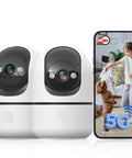 Indoor Security Camera Set With 5G And 2.4G WiFi, 360-Degree Pan Tilt, AI Motion Alerts, Night Vision, Two-Way Audio, Baby And Pet Monitor, US Cloud Storage, 2-Pack For Home Surveillance showcased with smartphone app monitoring a child and dog.
