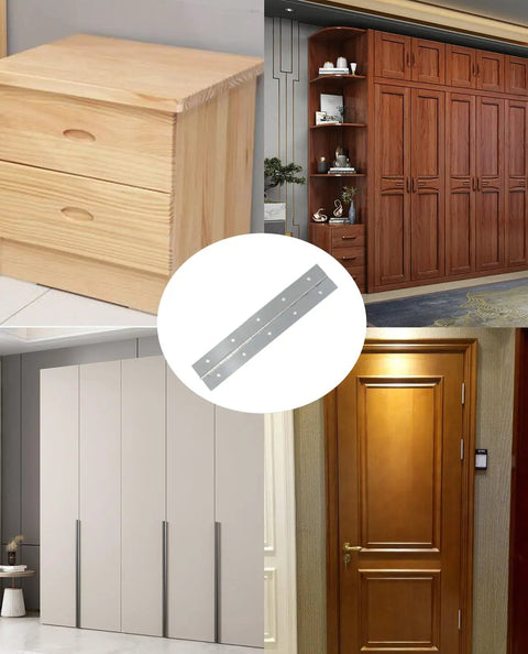 Heavy Duty 6 Inch Silver Stainless Steel Piano Hinges Two Pack displayed with cabinets and drawers for versatile installation.