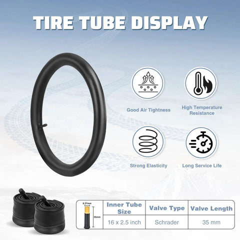 Fat Sixteen By Two Point Five Inch Electric Bike Tire With All Terrain Knobby Tread For E Trikes And E Bikes Foldable Replacement Tire For Snow Sand Mud And Dirt High Traction And Strong Grip Durable Heavy Duty Design inner tube