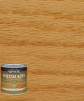 Real Deal One Step Wood Stain And Polyurethane Finish Combo In Classic Oak Satin Sheen half pint container beside oak wood background.