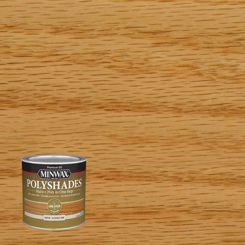 Real Deal One Step Wood Stain And Polyurethane Finish Combo In Classic Oak Satin Sheen half pint container beside oak wood background.