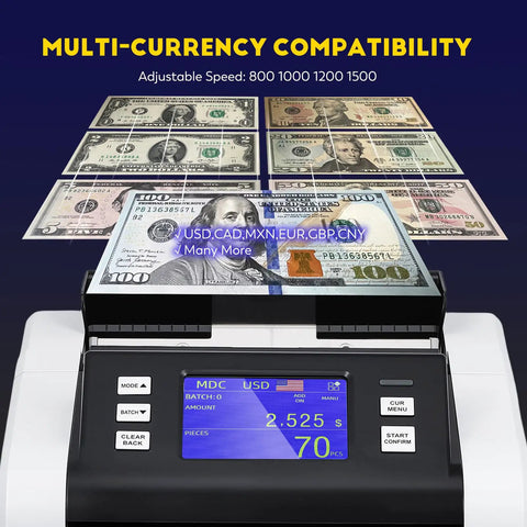 Mixed Denomination Money Counter With Touchscreen Display And Fast Counting Up To 1500 Bills Per Minute, multi-currency support