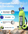 S400 Mini Scuba Tank 1.0L Portable Diving Tank with On Off Valve, glow-in-the-dark gauge, on rocky beach, sky and sea background