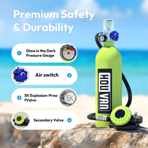 S400 Mini Scuba Tank 1.0L Portable Diving Tank with On Off Valve, glow-in-the-dark gauge, on rocky beach, sky and sea background