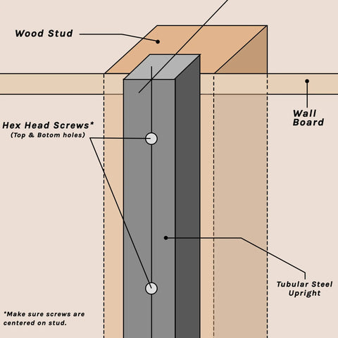 Diagram of Jeep Door Wall Mount Storage Rack installation showing wood stud, screws, and tubular steel
